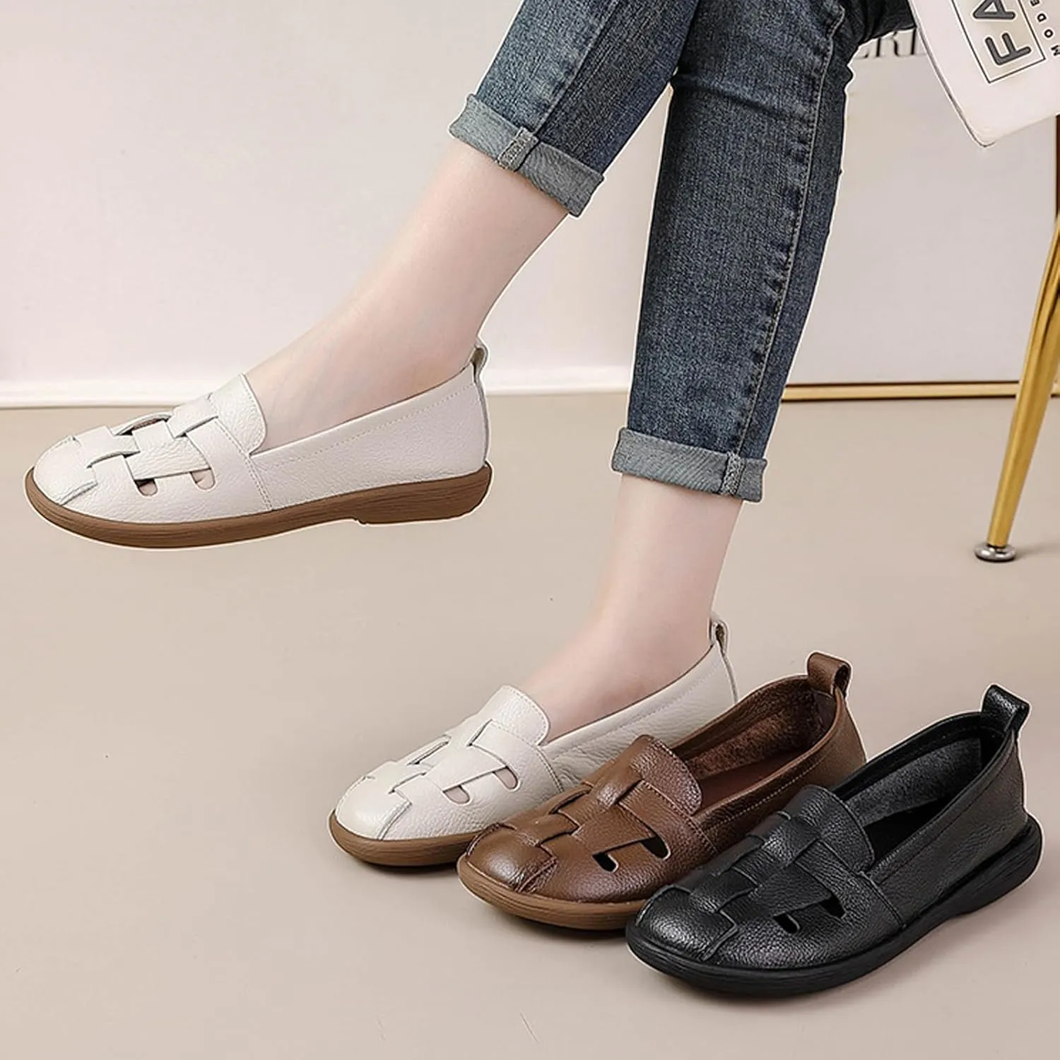 Aceptolcom Women's Casual Loafers Cute Slip On Comfort Walking Flats Leather Driving Moccasins Fashion Closed Toe Boat Shoes