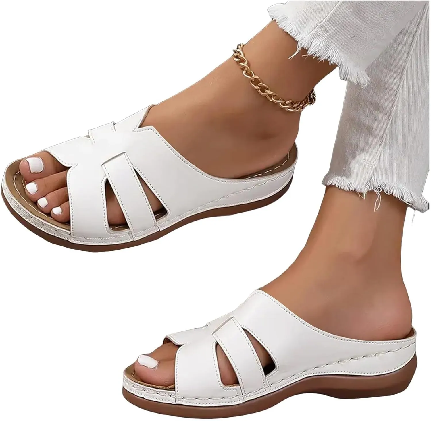Arch Support Sandals for Women Comfortable Open Toe Low Platform Sandals Dressy Casual Crisscross Straps Slip on Shoes Walking Beach Shoes Indoor Outdoor