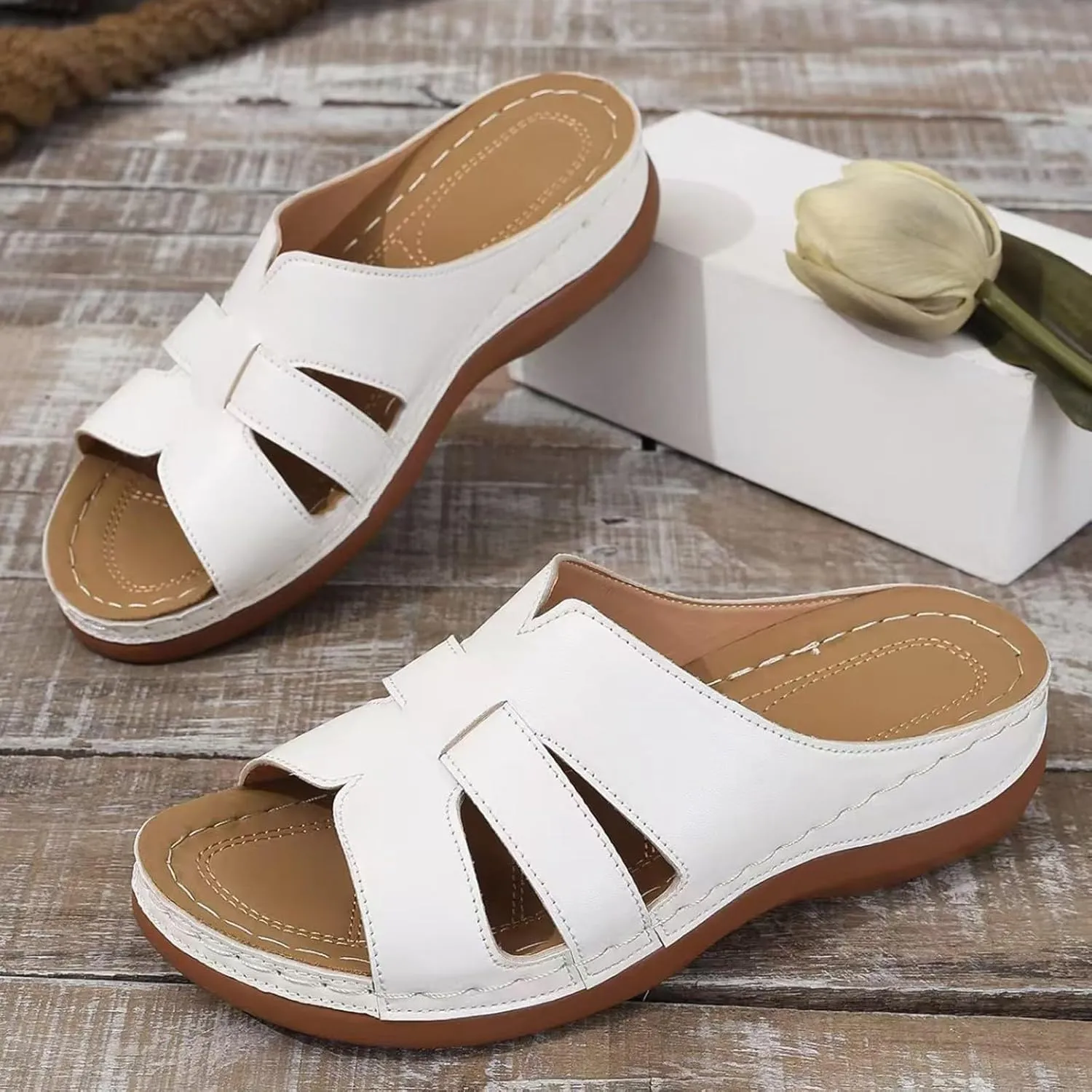 Arch Support Sandals for Women Comfortable Open Toe Low Platform Sandals Dressy Casual Crisscross Straps Slip on Shoes Walking Beach Shoes Indoor Outdoor