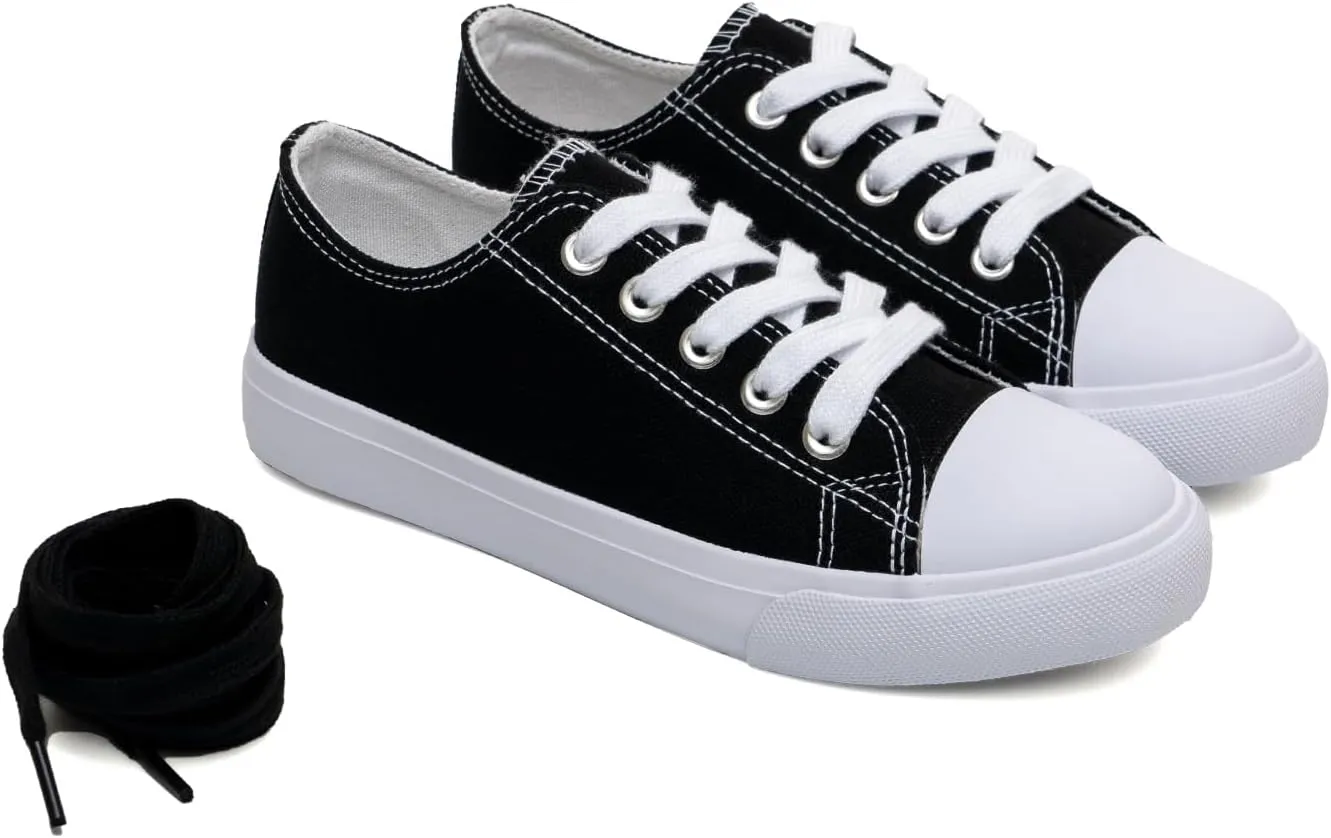 Classic Unisex Low-Top Canvas Sneakers  Boys Girls and Toddler Casual Lace-Up Shoes with Rubber Sole, Includes Extra White Shoelaces