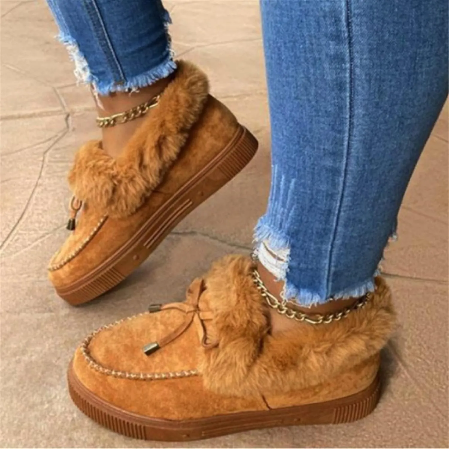 Ladmiple Boots for Women Ankle Booties with Fur Slip On Winter Snow Boots Warm Fashion Outdoor Comfortable Walking Shoes