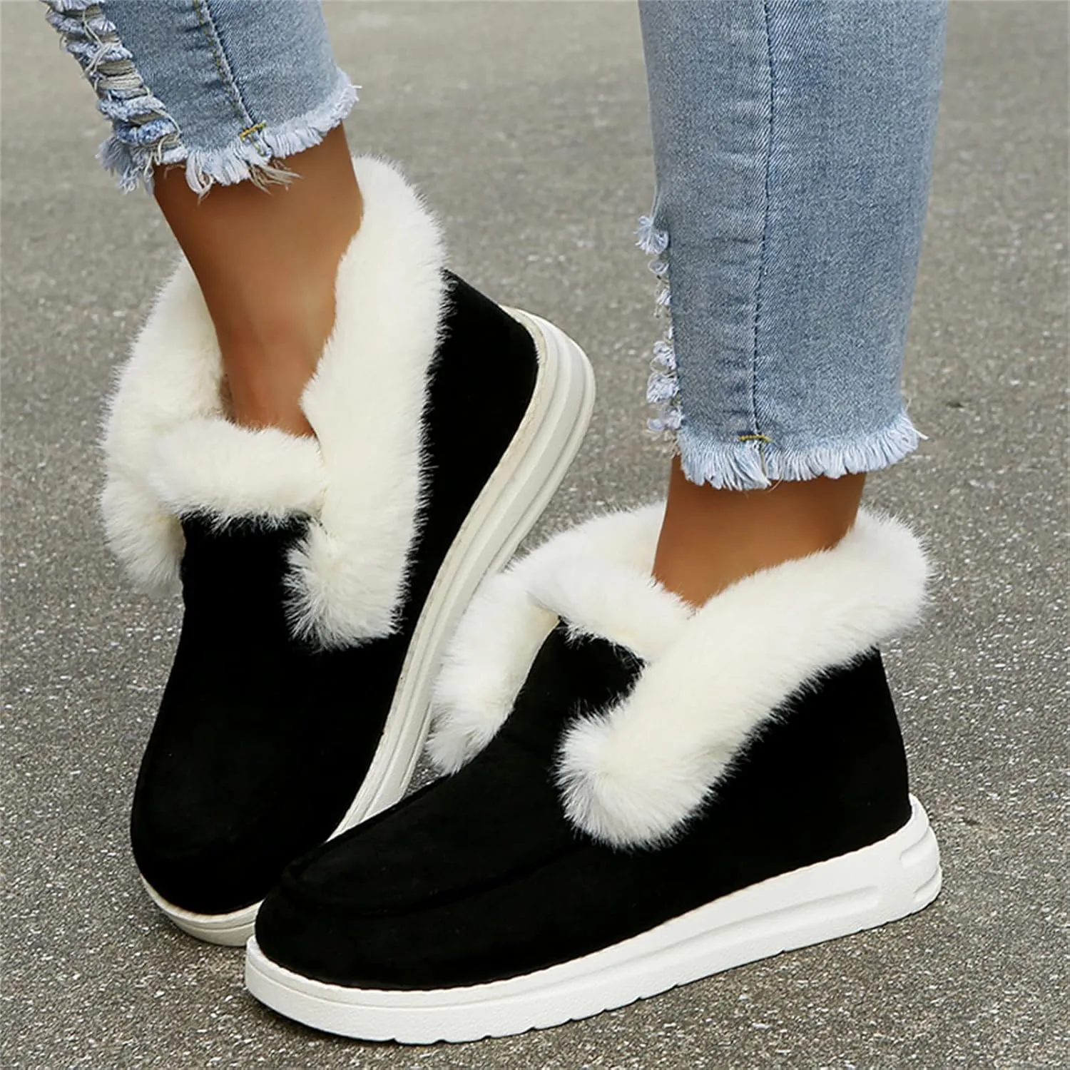 Ladmiple Boots for Women Ankle Booties with Fur Warm Winter Snow Boots Outdoor Slip On Comfortable Fashion Walking Shoes