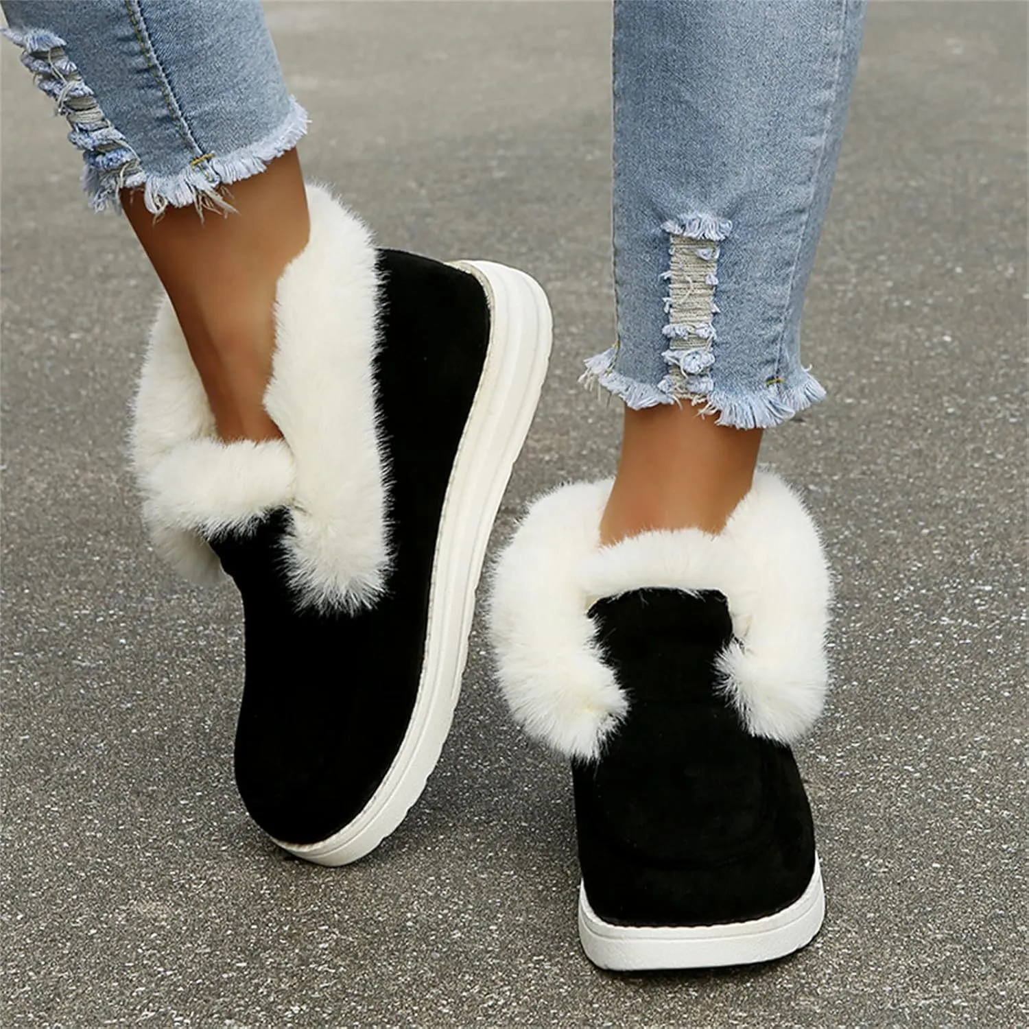 Ladmiple Boots for Women Ankle Booties with Fur Warm Winter Snow Boots Outdoor Slip On Comfortable Fashion Walking Shoes