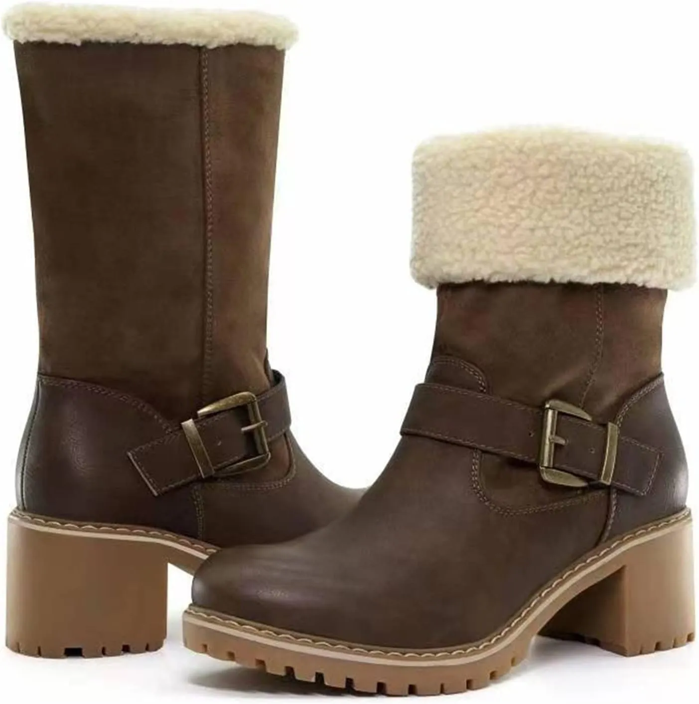 Ladmiple Winter Boots For Women Tall Mid Calf Casual Warm Fur-Lined Comfortable Winter Snow Boots Outdoor Walking Shoes