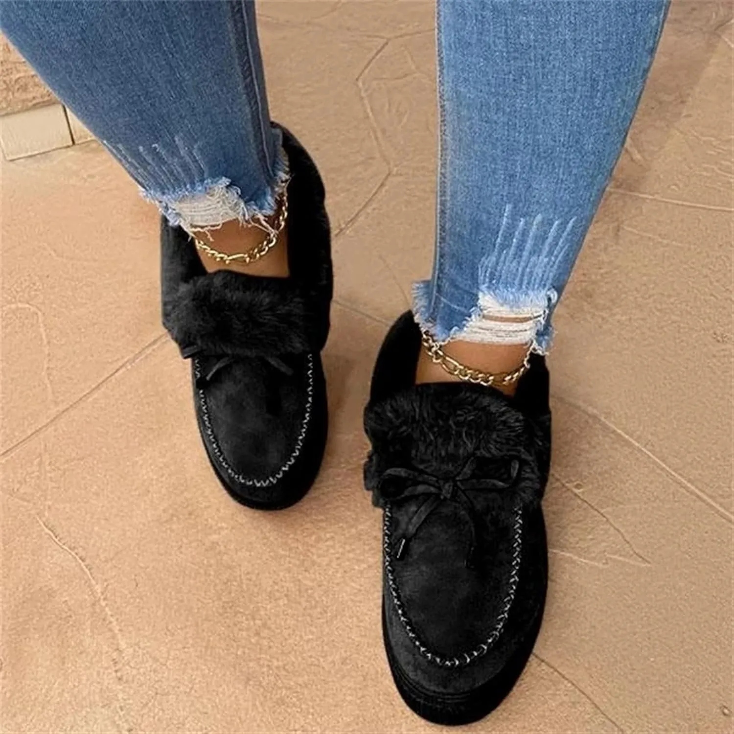 Lausiuoe Snow Boots For Women Cute Wide Calf Fuzzy Ankle Booties Winter Warm Fluffy Silp On Comfort Casual Fashion Loafers