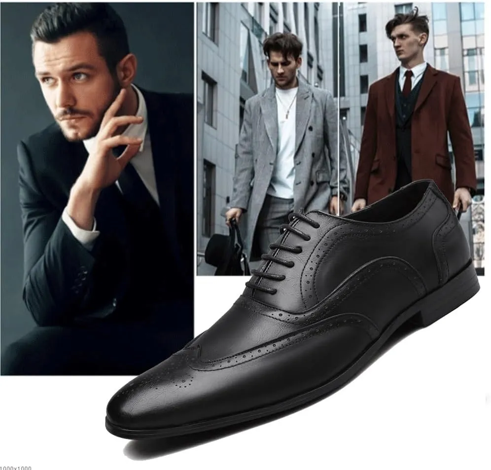 Mens Leather Dress Shoes Formal Business Casual Brogue Pointed Toe Dinner Party Comfortable