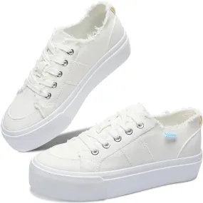Obtaom Women Platform Canvas Sneakers White Comfort Play Fashion Sneakers Casual Lift Platform Lace Up Shoes Cute Low Top Walking Shoes for Lady