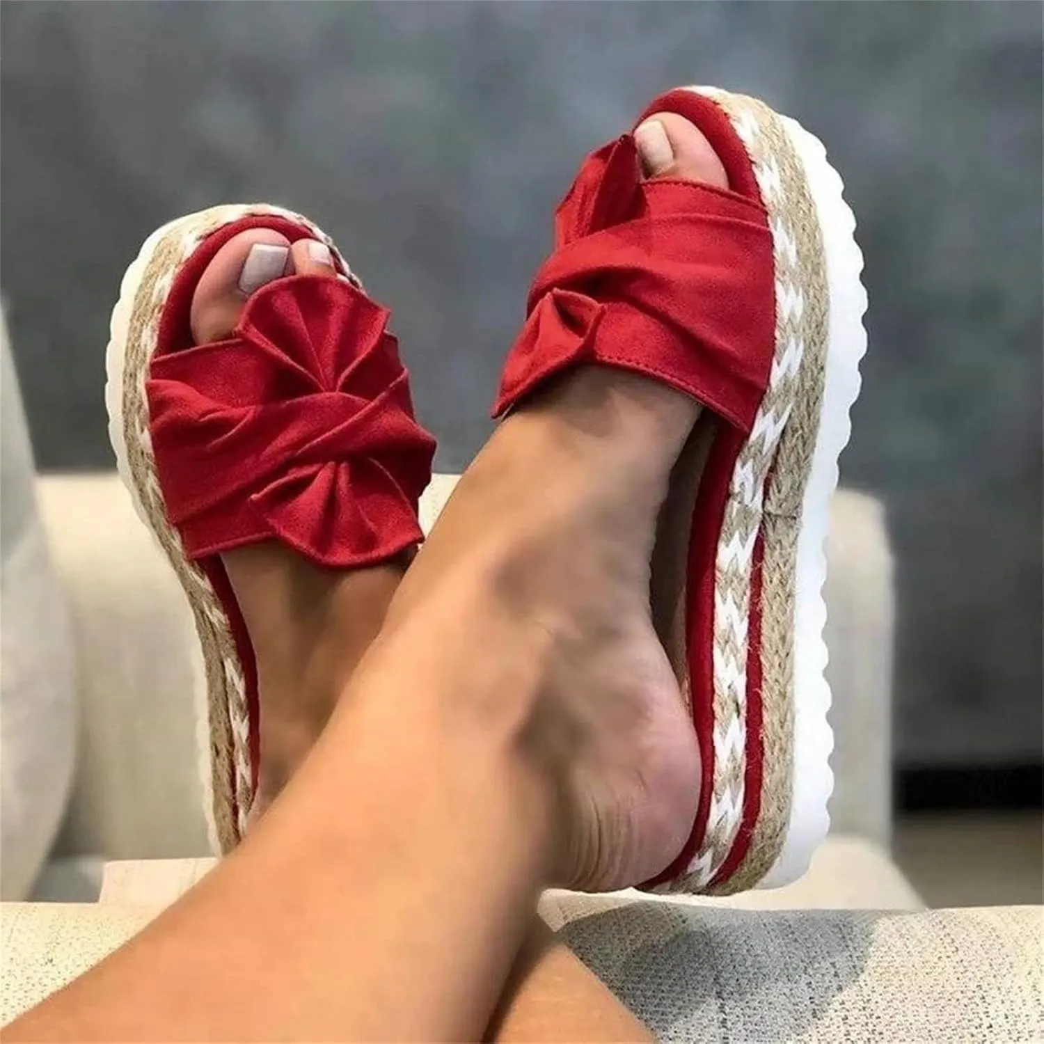 Sandals for Women Slip On Espadrilles Wedges Sandals Platform Bow Knot Open Toe Flip Flops Beach Travel Vacation Slippers Summer Dressy Mules Shoes Casual Flat Slippers