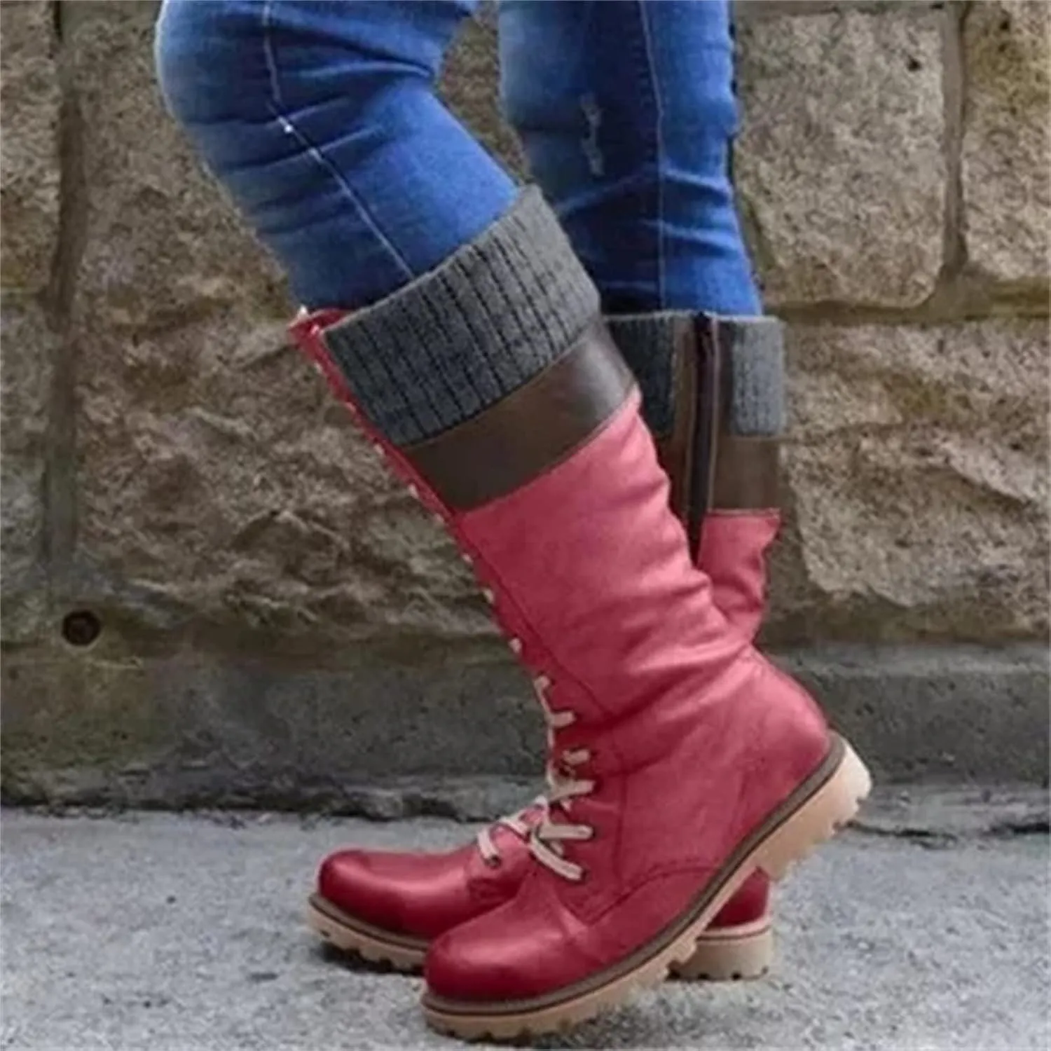 Winter Boots For Women 2022 Trendy Lace up Mid Calf Riding Military Combat Boots Side Zipper Low Heel Platform Boots