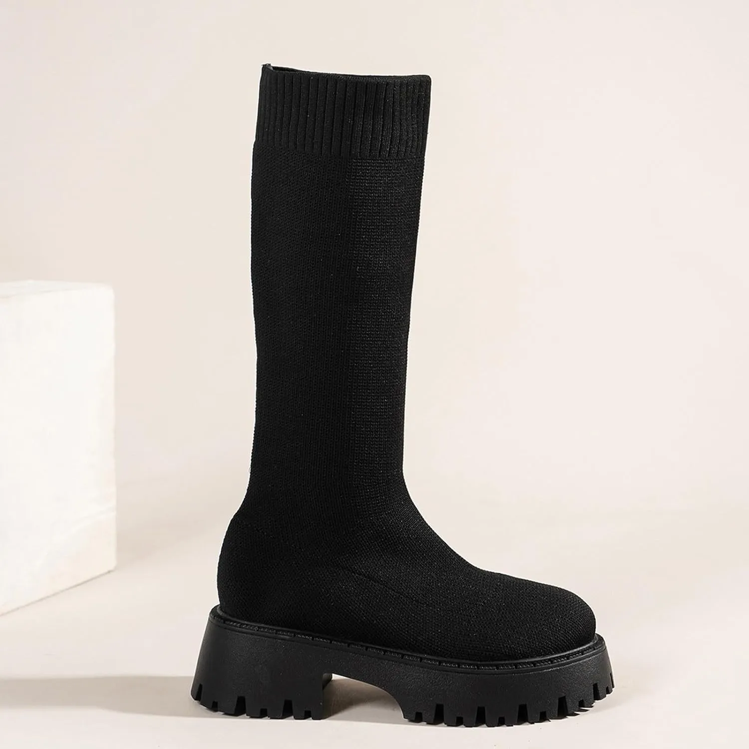 Winter Thick Soled Knitted Long Boots Women's Socks Long Boots Elastic Round Toe Mid Heel Boots Leather Low Boots Women, 6.5