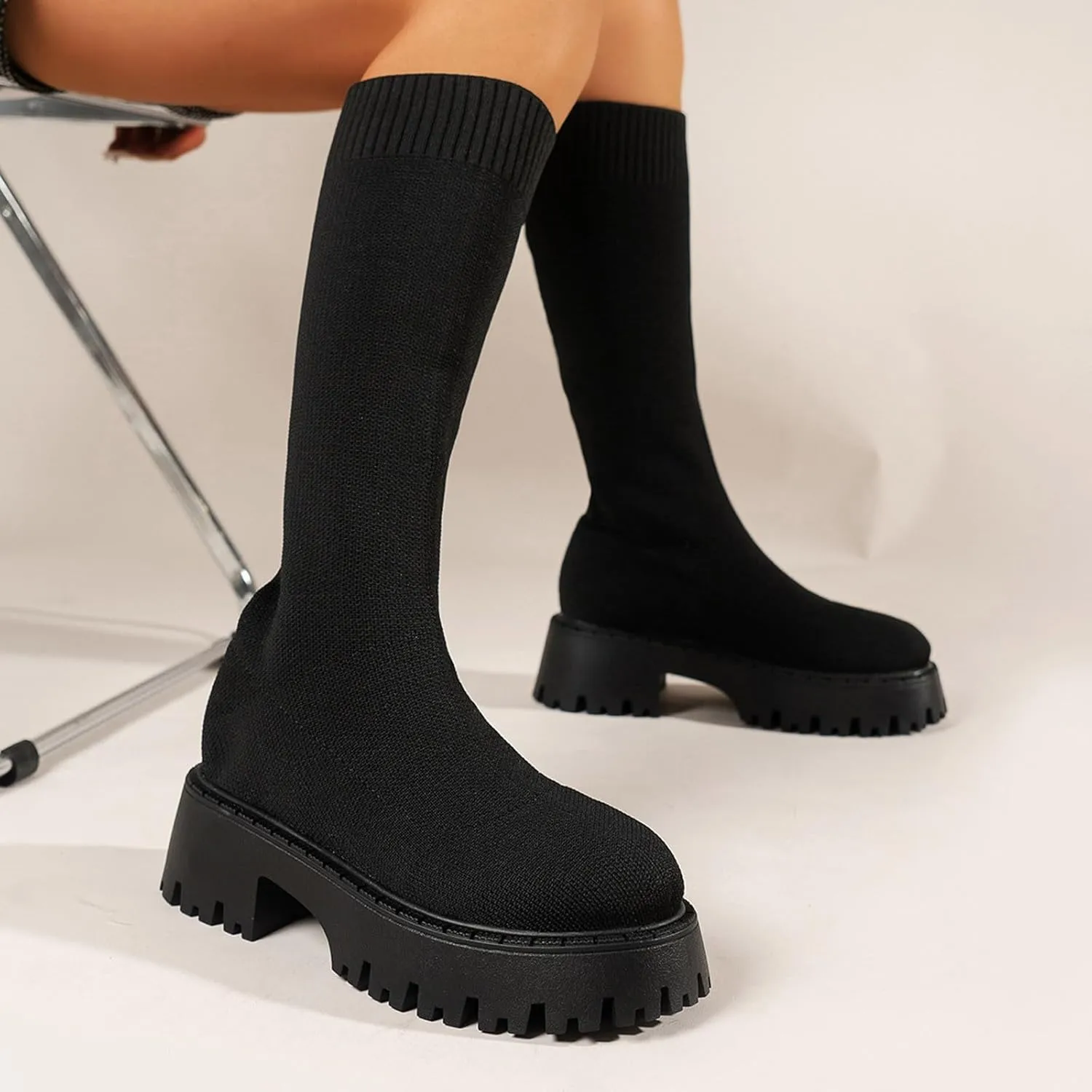 Winter Thick Soled Knitted Long Boots Women's Socks Long Boots Elastic Round Toe Mid Heel Boots Leather Low Boots Women, 6.5