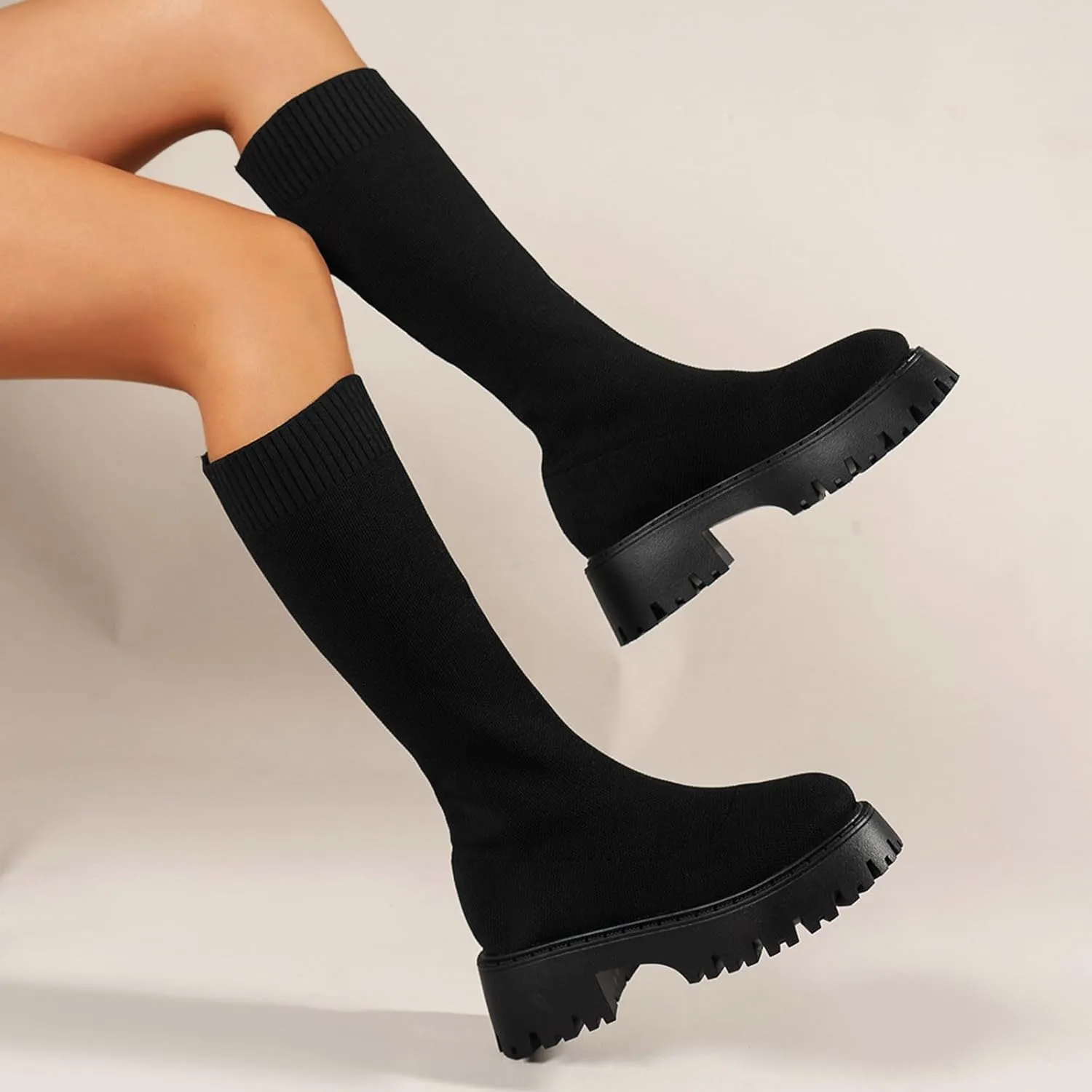 Winter Thick Soled Knitted Long Boots Women's Socks Long Boots Elastic Round Toe Mid Heel Boots Leather Low Boots Women, 6.5
