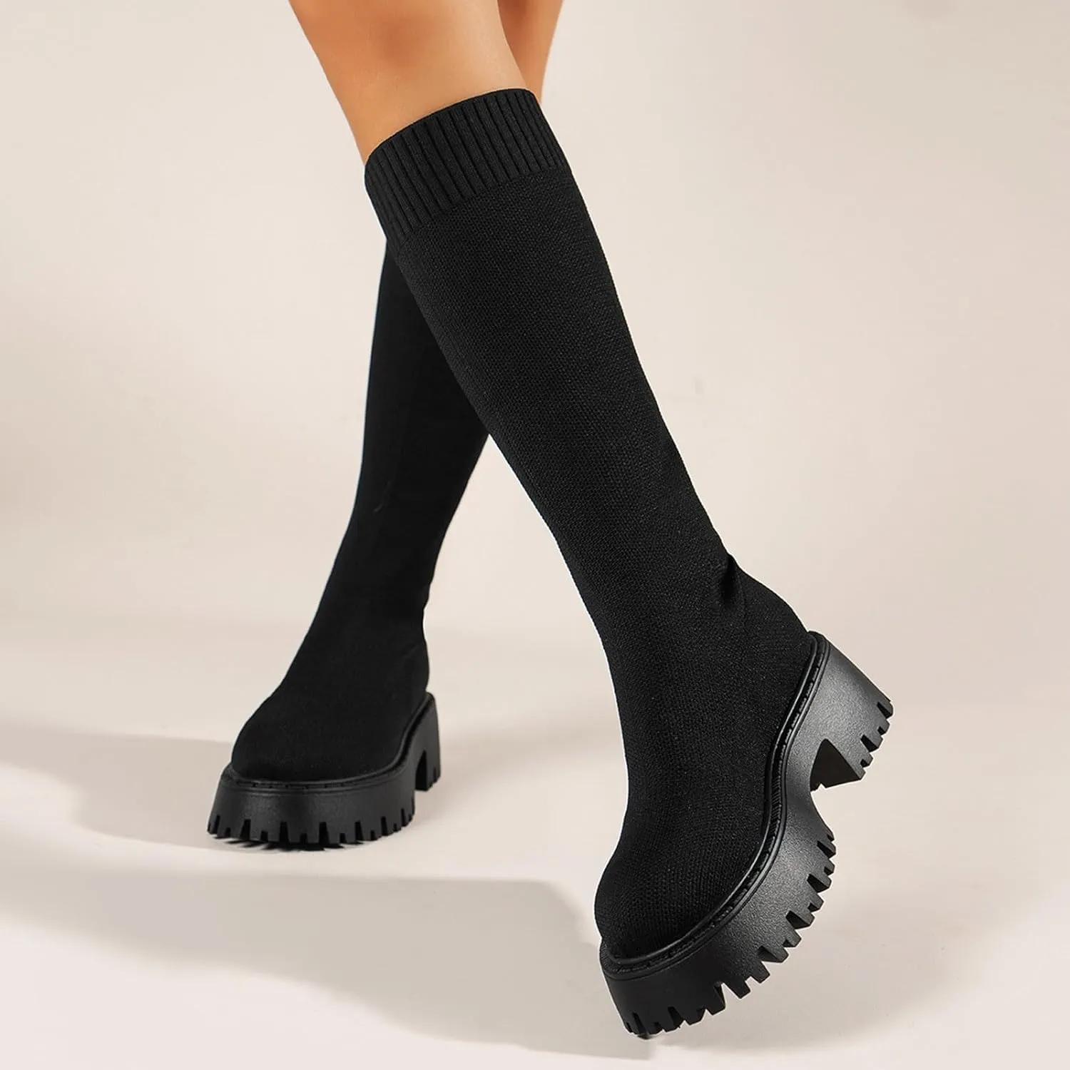 Winter Thick Soled Knitted Long Boots Women's Socks Long Boots Elastic Round Toe Mid Heel Boots Leather Low Boots Women, 6.5
