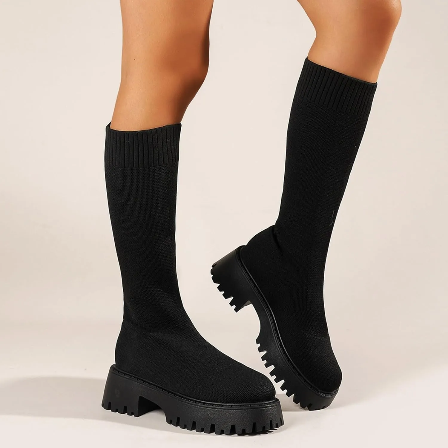 Winter Thick Soled Knitted Long Boots Women's Socks Long Boots Elastic Round Toe Mid Heel Boots Leather Low Boots Women, 6.5