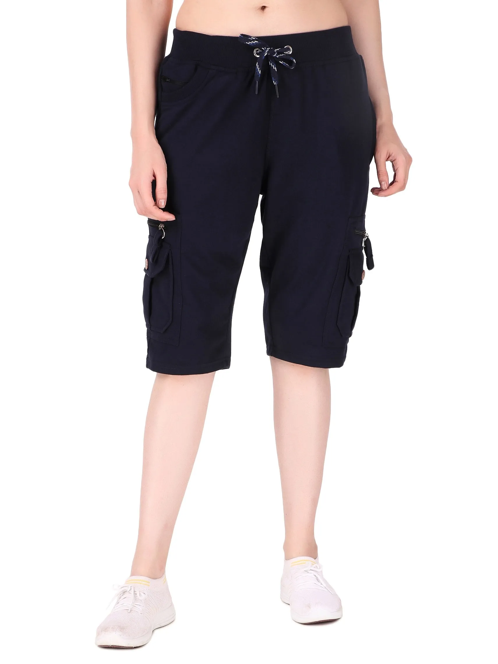 Women's Cargo Capri Shorts With 9 Zippered Pockets