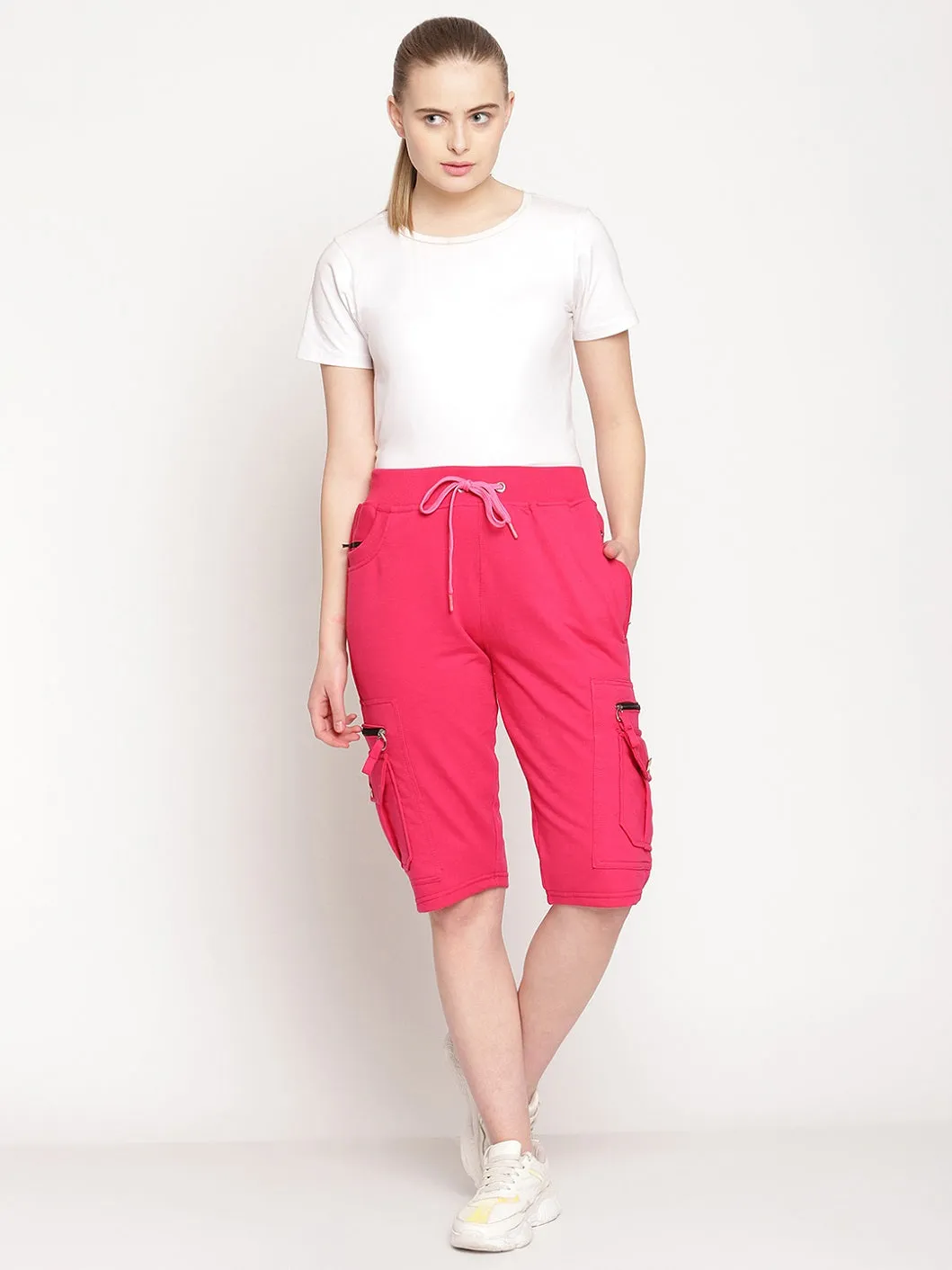 Women's Cargo Capri Shorts With 9 Zippered Pockets
