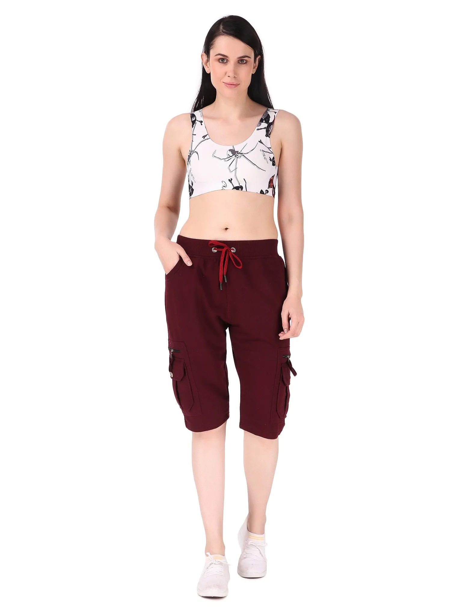 Women's Cargo Capri Shorts With 9 Zippered Pockets