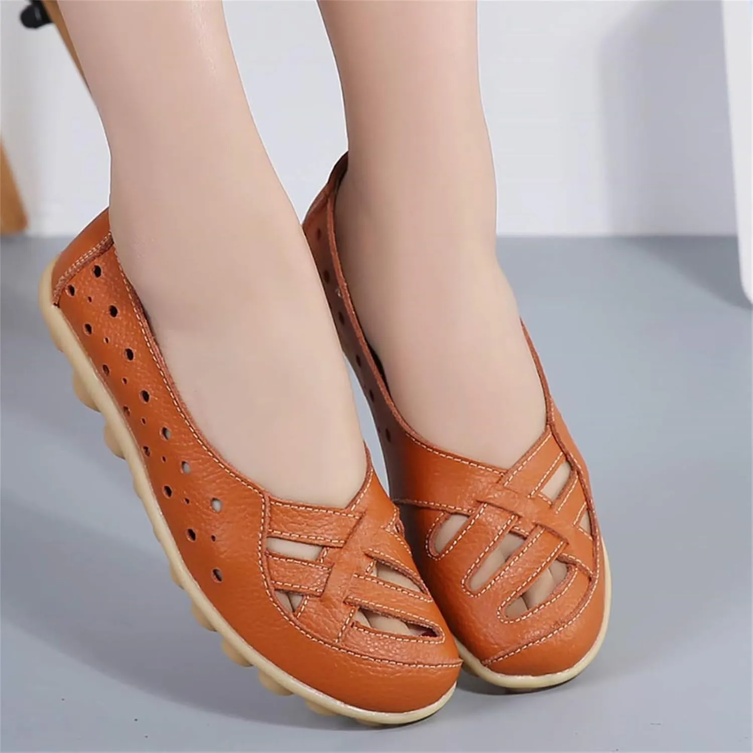 Women's Cowhide Leather Shoes Loafer Casual Slip On Shoe Driving Moccasins Closed Toe Boat Flats Walking Sandals