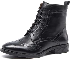 Women's Lace-Up Combat Boots Side Zipper Ankle Bootie Low Heel Brogue Leather for Girls Ladis Women Black Size 5